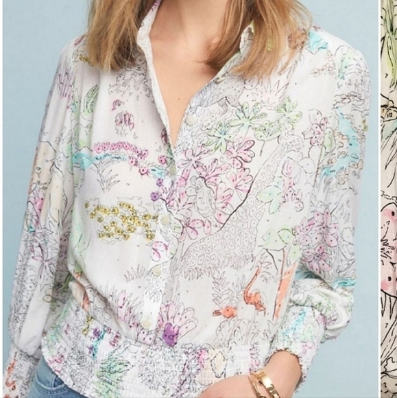 Anthropologie White Multicolor MAEVE Rosa Numbers Floral Animal Top Sz S - Picture 1 of 7